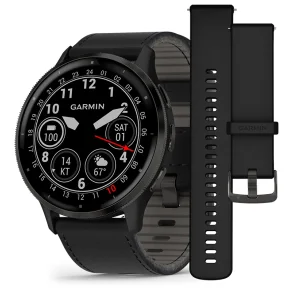 Venu 3, Skifergr ramme i rustfritt stl med sort urkasse og skinnrem