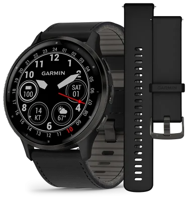 Venu 3, Skifergr ramme i rustfritt stl med sort urkasse og skinnrem