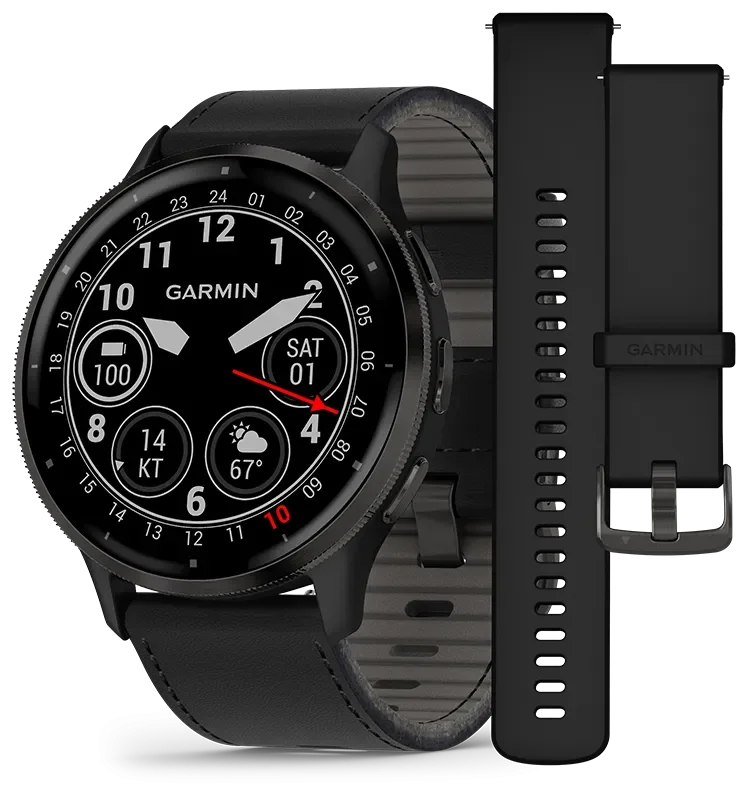 Venu 3, Skifergr ramme i rustfritt stl med sort urkasse og skinnrem