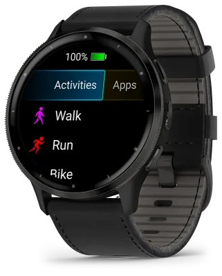 Venu 3, Skifergr ramme i rustfritt stl med sort urkasse og skinnrem