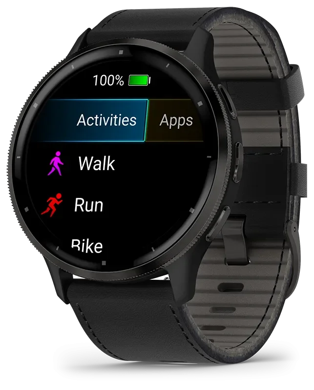 Venu 3, Skifergr ramme i rustfritt stl med sort urkasse og skinnrem