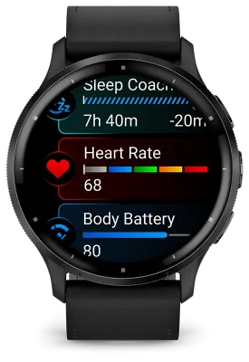 Venu 3, Skifergr ramme i rustfritt stl med sort urkasse og skinnrem