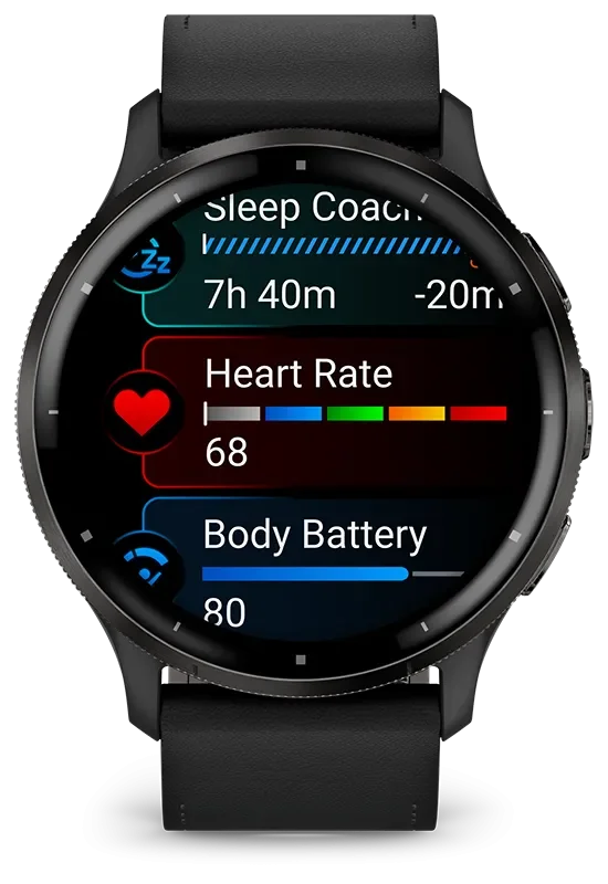 Venu 3, Skifergr ramme i rustfritt stl med sort urkasse og skinnrem