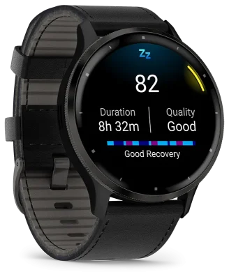 Venu 3, Skifergr ramme i rustfritt stl med sort urkasse og skinnrem