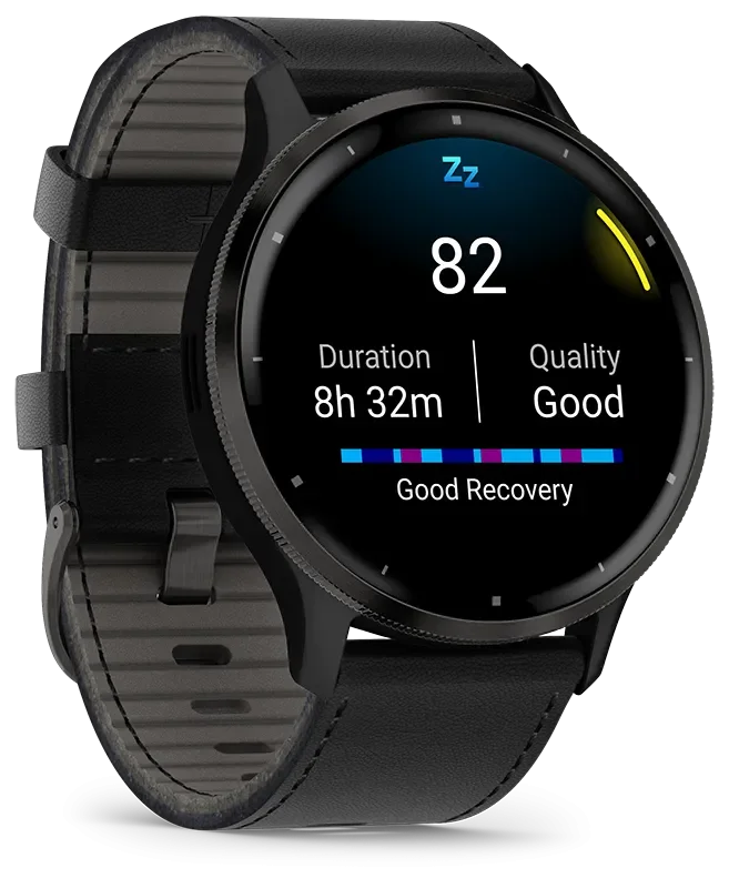 Venu 3, Skifergr ramme i rustfritt stl med sort urkasse og skinnrem