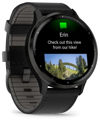 Venu 3, Skifergr ramme i rustfritt stl med sort urkasse og skinnrem