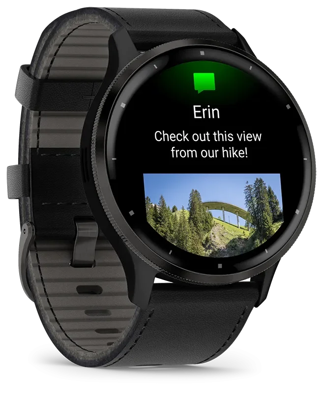 Venu 3, Skifergr ramme i rustfritt stl med sort urkasse og skinnrem