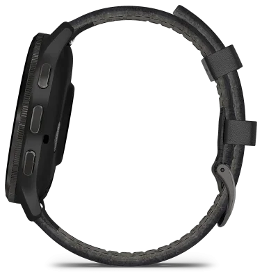 Venu 3, Skifergr ramme i rustfritt stl med sort urkasse og skinnrem