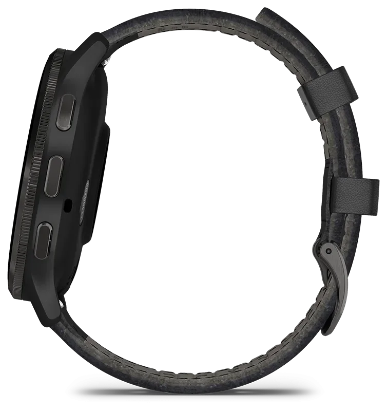 Venu 3, Skifergr ramme i rustfritt stl med sort urkasse og skinnrem