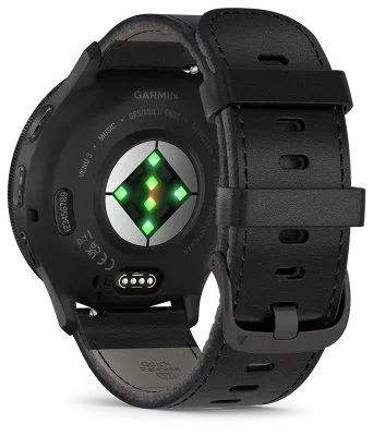 Venu 3, Skifergr ramme i rustfritt stl med sort urkasse og skinnrem