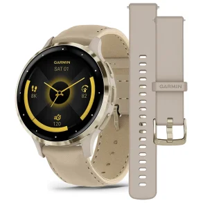 Venu 3S, Ramme i rustfritt stl og fargen Soft Gold med urkasse og skinnrem i f