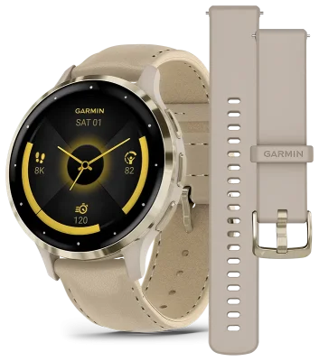 Venu 3S, Ramme i rustfritt stl og fargen Soft Gold med urkasse og skinnrem i f