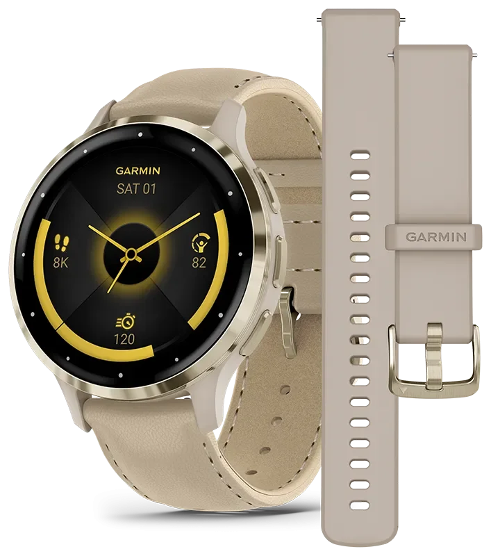 Venu 3S, Ramme i rustfritt stl og fargen Soft Gold med urkasse og skinnrem i f