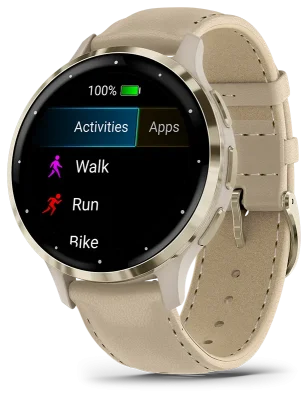 Venu 3S, Ramme i rustfritt stl og fargen Soft Gold med urkasse og skinnrem i f