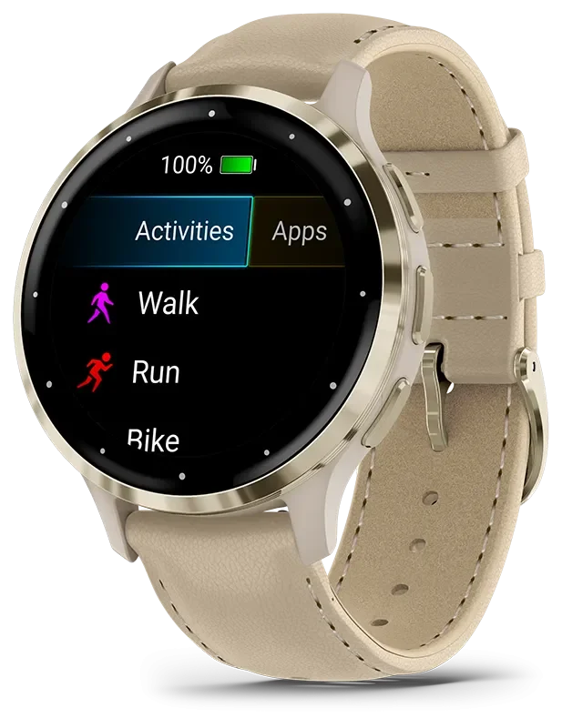 Venu 3S, Ramme i rustfritt stl og fargen Soft Gold med urkasse og skinnrem i f