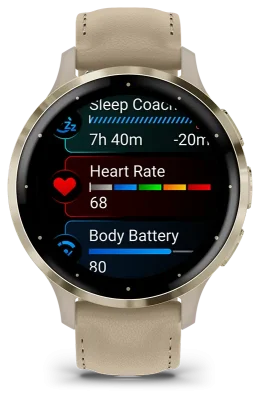 Venu 3S, Ramme i rustfritt stl og fargen Soft Gold med urkasse og skinnrem i f