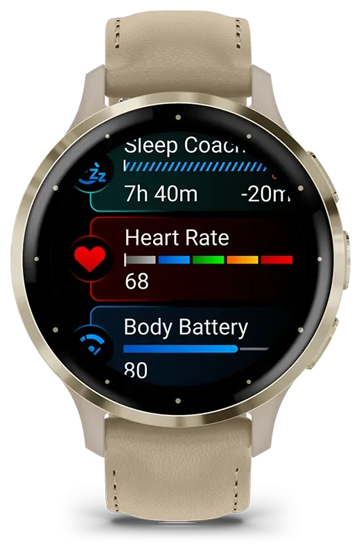 Venu 3S, Ramme i rustfritt stl og fargen Soft Gold med urkasse og skinnrem i f