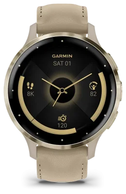 Venu 3S, Ramme i rustfritt stl og fargen Soft Gold med urkasse og skinnrem i f