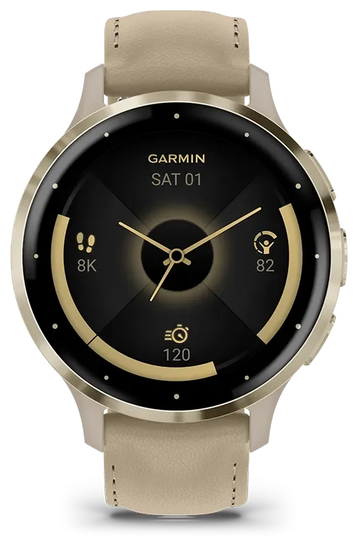 Venu 3S, Ramme i rustfritt stl og fargen Soft Gold med urkasse og skinnrem i f