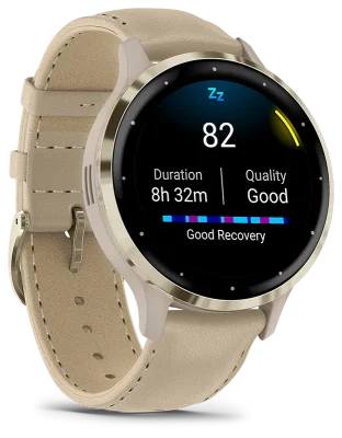 Venu 3S, Ramme i rustfritt stl og fargen Soft Gold med urkasse og skinnrem i f