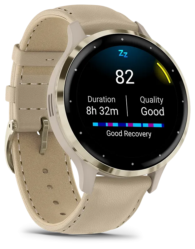 Venu 3S, Ramme i rustfritt stl og fargen Soft Gold med urkasse og skinnrem i f