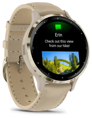 Venu 3S, Ramme i rustfritt stl og fargen Soft Gold med urkasse og skinnrem i f