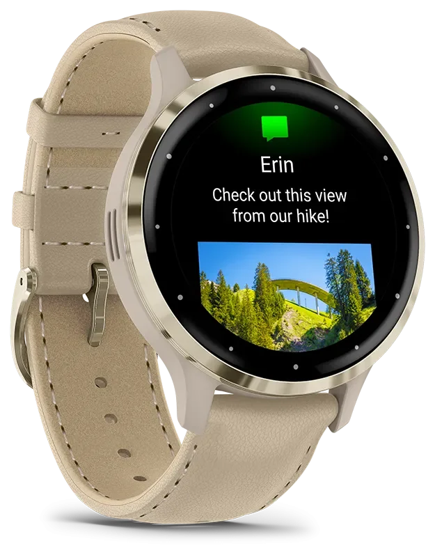 Venu 3S, Ramme i rustfritt stl og fargen Soft Gold med urkasse og skinnrem i f