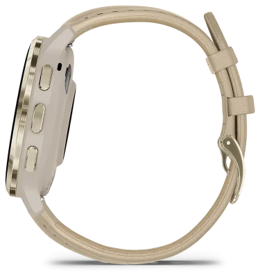 Venu 3S, Ramme i rustfritt stl og fargen Soft Gold med urkasse og skinnrem i f