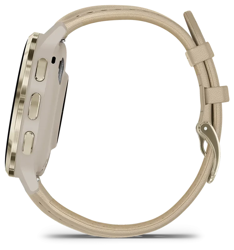 Venu 3S, Ramme i rustfritt stl og fargen Soft Gold med urkasse og skinnrem i f