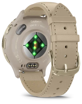 Venu 3S, Ramme i rustfritt stl og fargen Soft Gold med urkasse og skinnrem i f