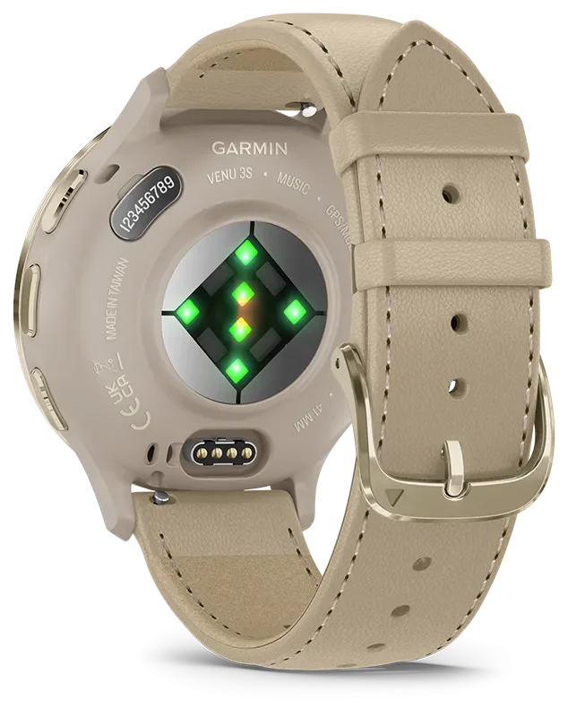 Venu 3S, Ramme i rustfritt stl og fargen Soft Gold med urkasse og skinnrem i f